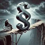 Mann im Rollstuhl vor wackliger Brücke