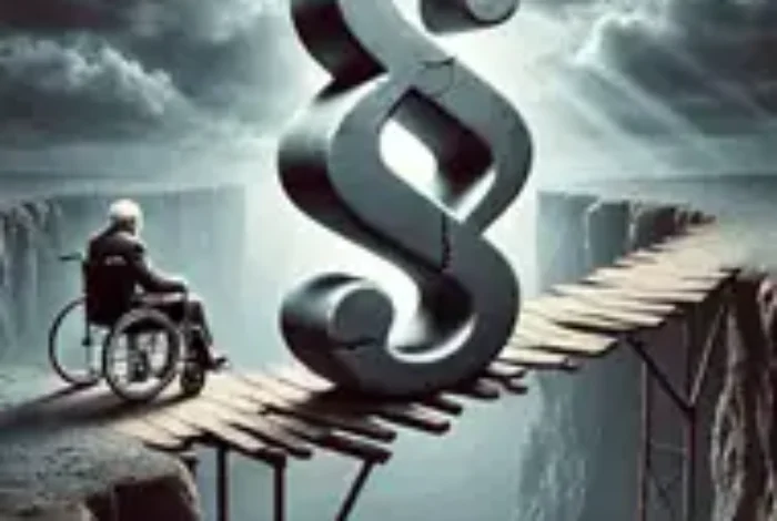 An elderly person in a wheelchair carefully crossing an unstable bridgewith a paragraph sign