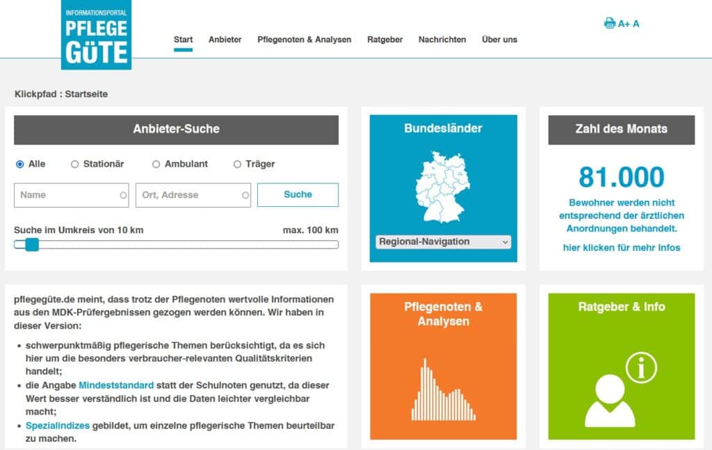 pflegegüte.de wurde eingestellt 1 Startseite des Portals Pflegegüte