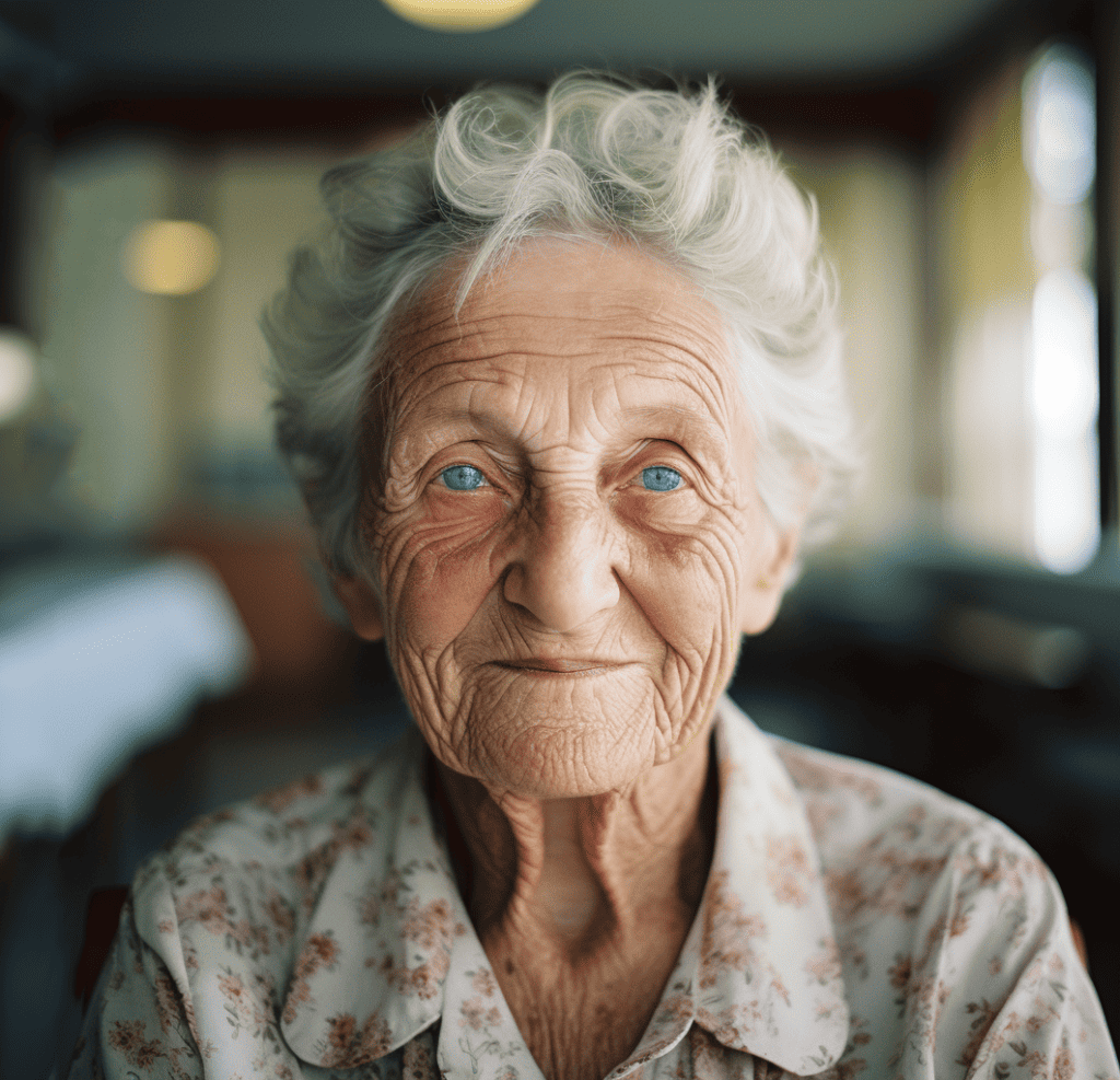 Dankbar schauende alte Frau mit blauen Augen